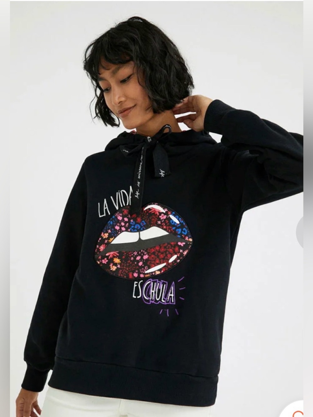 Desigual Black Hoodie with Colorful Floral Lips Graphic